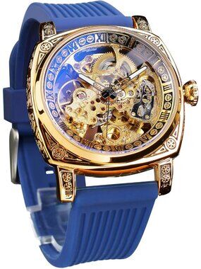 Men's Blue Gold Square Mechanical Rubber Strap Self-Wind Carved Automatic Watch